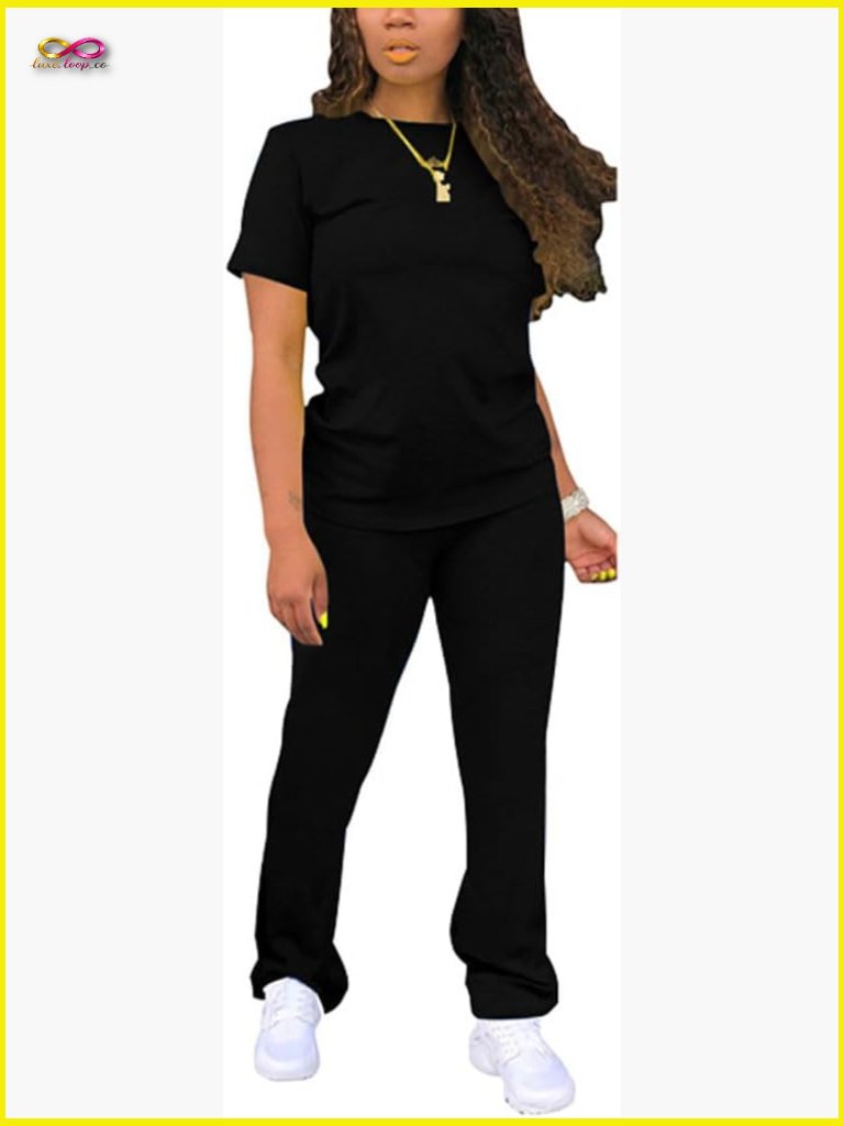 Two Piece Casual Jogging Suit Stretch Lounge Set Short Sleeve Pullover